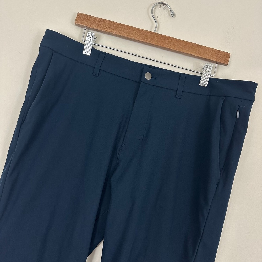 Lululemon Commission Pants Navy Blue Stretch Slim Fit Mid Rise Pockets Mens 36
